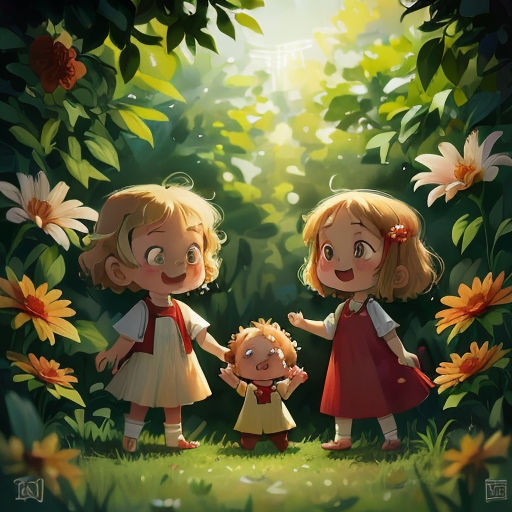 three little girls standing in the grass with flowers around them and a little girl holding her hand out to her mother