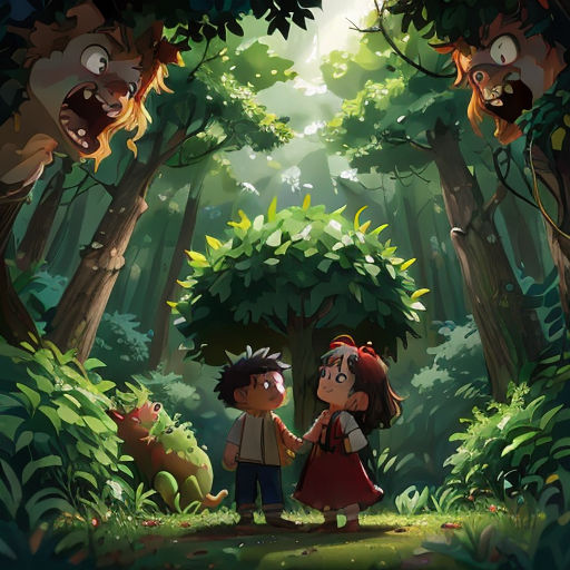 a boy and a girl are standing in the woods with a forest background and a forest scene with a forest scene and a forest with a lot of animals