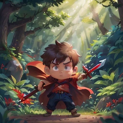 a boy in a forest holding a sword and a sword in his hand with a light shining through the trees