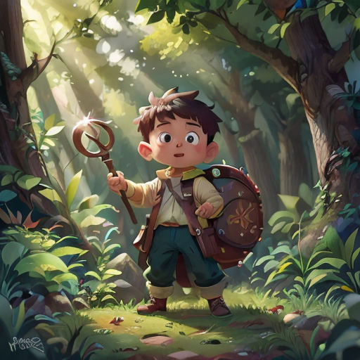 a boy with a backpack and a wand in a forest with trees and plants, holding a key to a tree