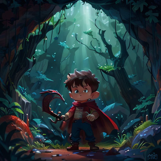 a boy in a red cape holding a sword in a forest with a light shining through the trees and a light beam coming from the ceiling
