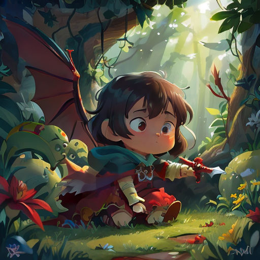 a little girl in a forest with a dragon and a dragon on her back, holding a sword and a dragon on her back