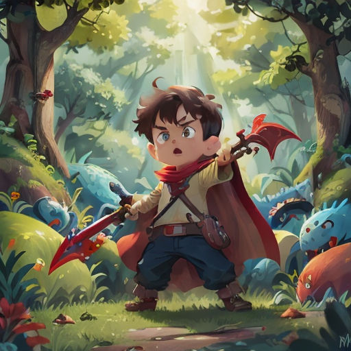 a boy in a red cape holding a sword in a forest with other monsters and trees in the background
