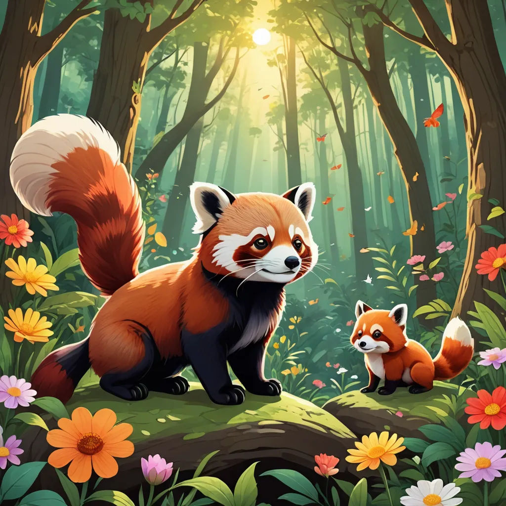 a red panda and her cub in a forest with flowers and butterflies on the ground and a sunbeam, sots art, a storybook illustration, Cyril Rolando, game art