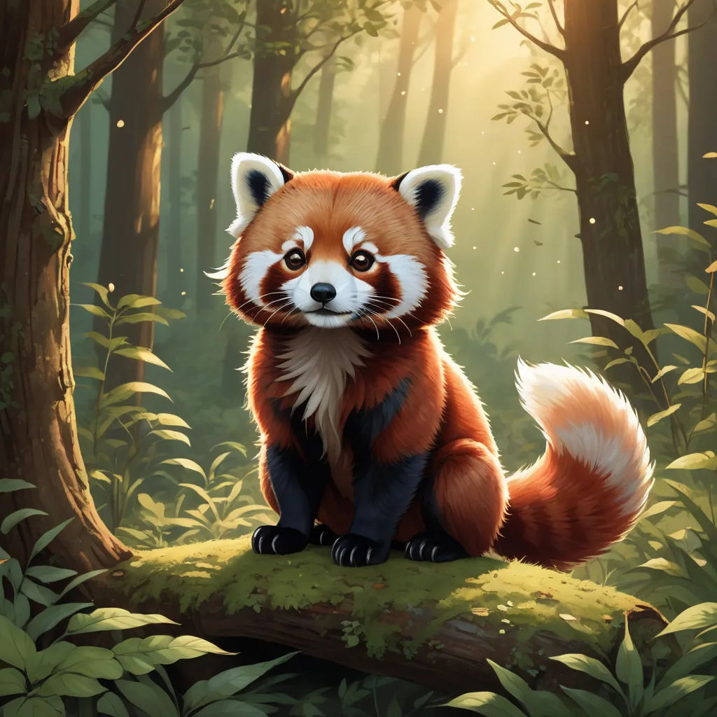 a red panda sitting on a log in a forest with a sunbeam in the background and a forest floor, furry art, a digital painting, Chris LaBrooy, professional digital painting