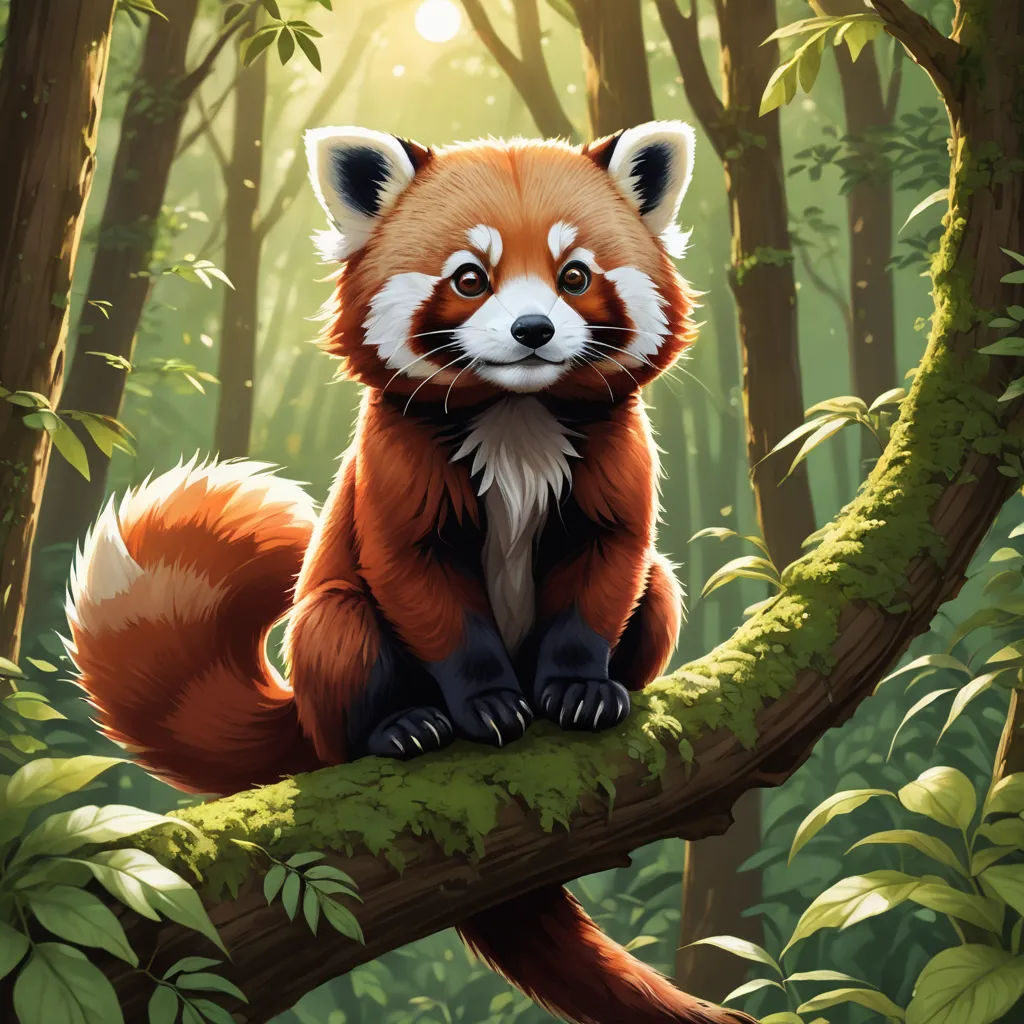 a red panda sitting on a tree branch in a forest with sunlight shining through the trees and leaves on the ground, fantasy art, a digital painting, Chris LaBrooy, professional digital painting