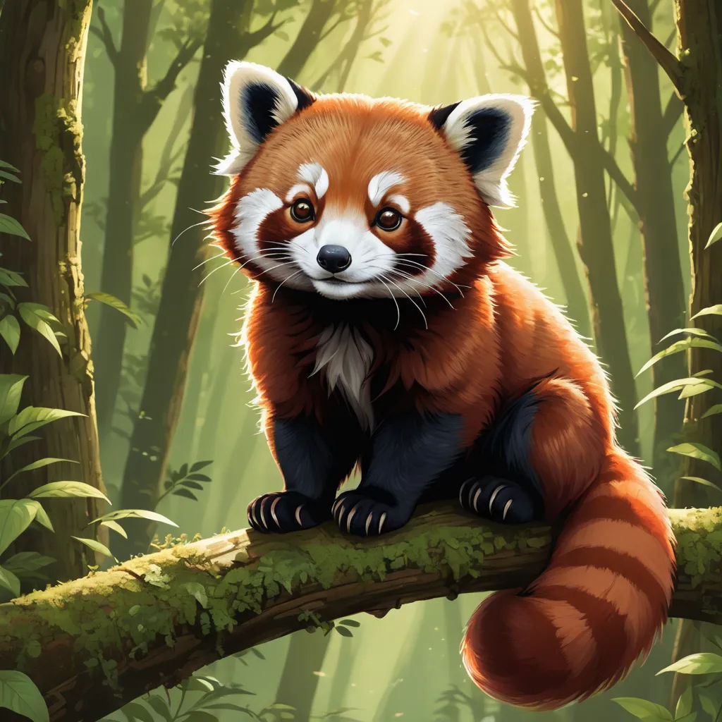 a red panda sitting on a tree branch in a forest with sunlight streaming through the trees and leaves on the ground, sots art, a digital painting, Chris LaBrooy, professional digital painting