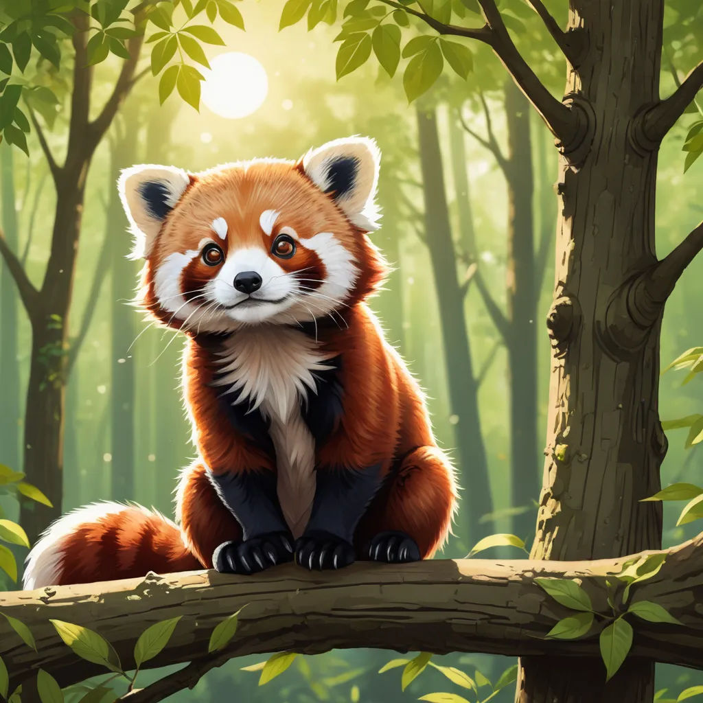 a red panda sitting on a tree branch in a forest with sunlight shining through the trees and leaves on the ground, furry art, a digital painting, Chris LaBrooy, professional digital painting