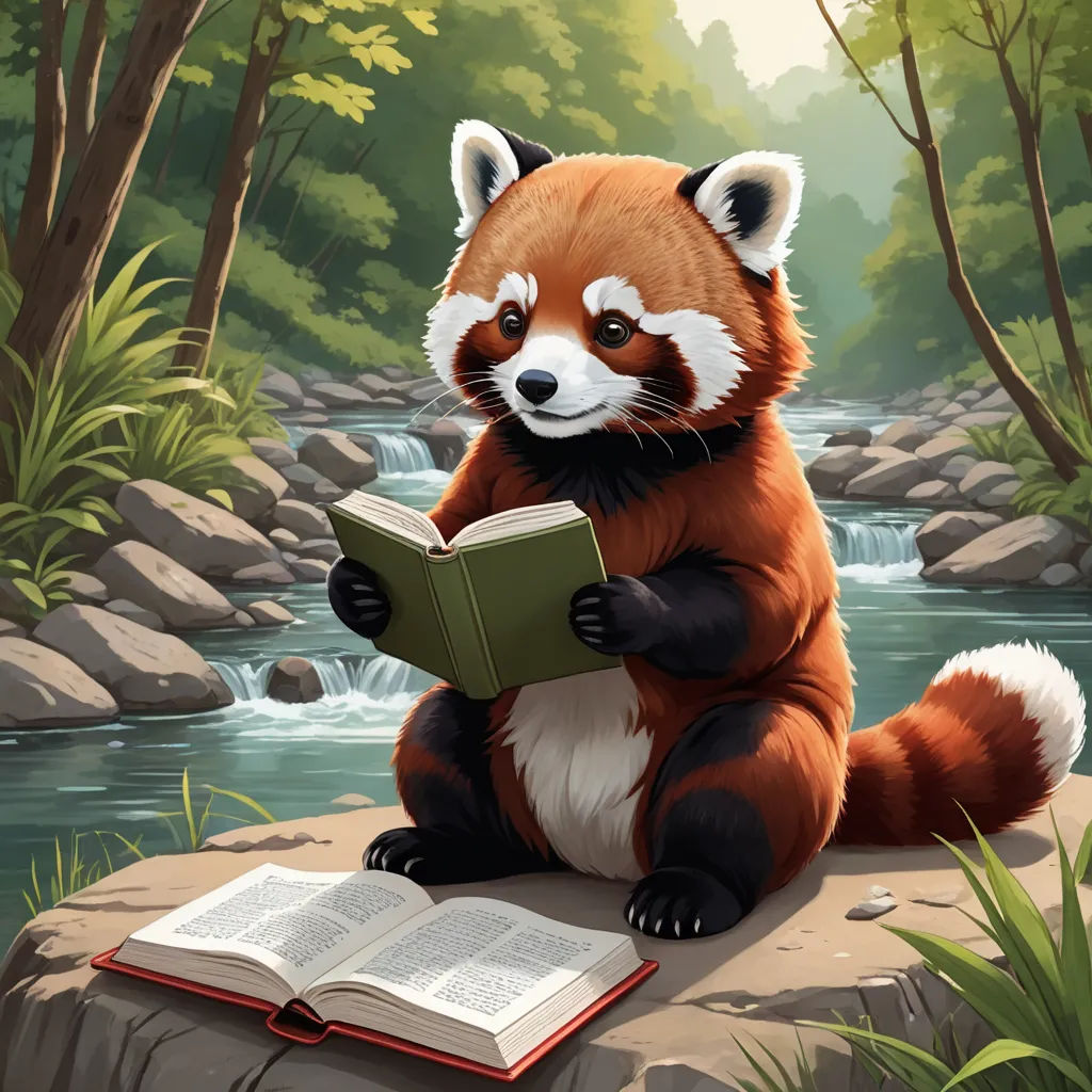 a red panda reading a book while sitting on a rock in the forest next to a river and a waterfall, furry art, a storybook illustration, Chris LaBrooy, storybook illustration