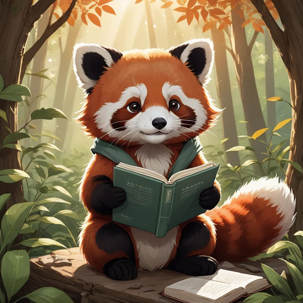 a red panda reading a book in a forest with trees and leaves around it, with the sun shining through the trees, furry art, a storybook illustration, Adrian Zingg, storybook illustration