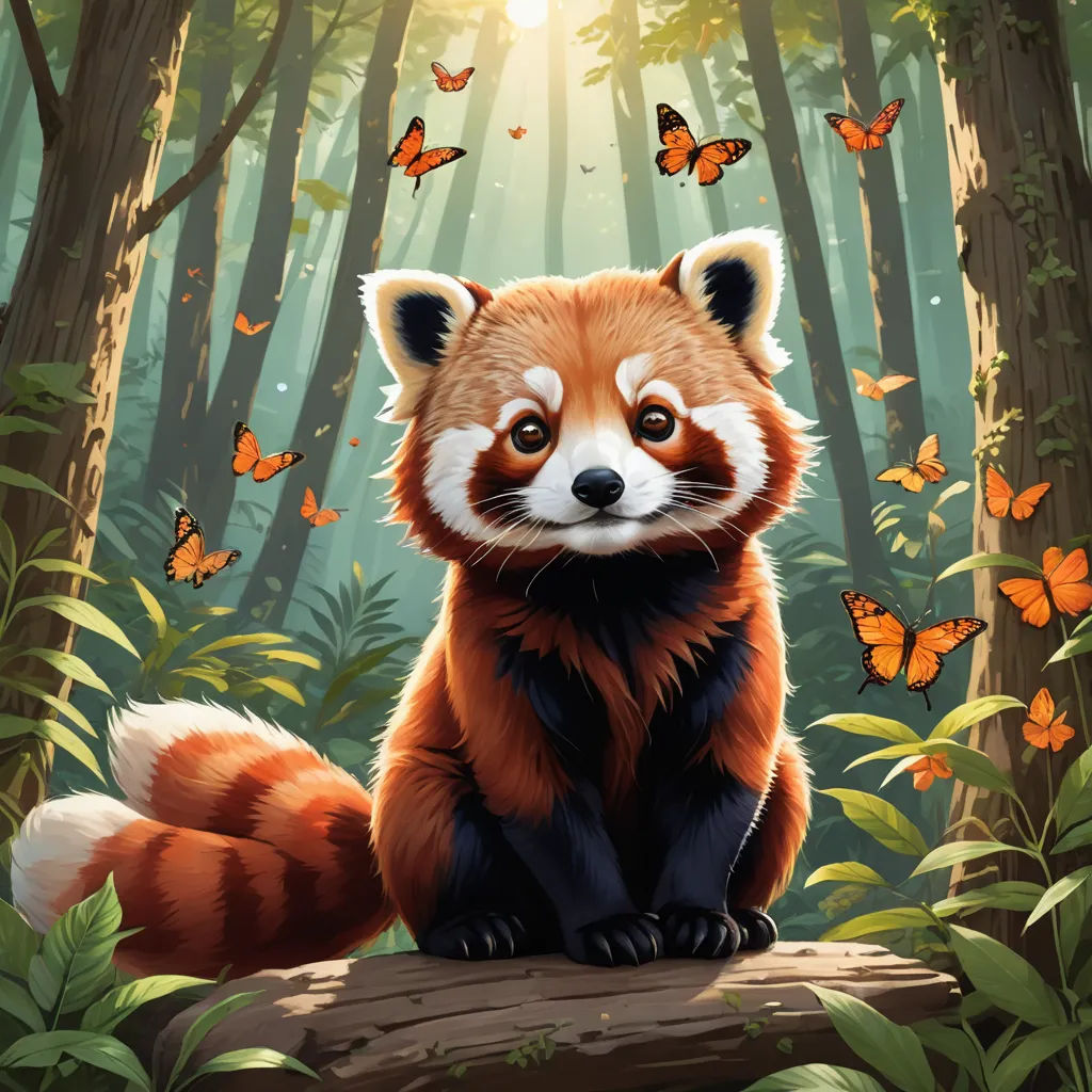 a red panda sitting on a log in a forest with butterflies flying around it and a bright light shining on the ground, fantasy art, a digital painting, Dan Mumford, official art