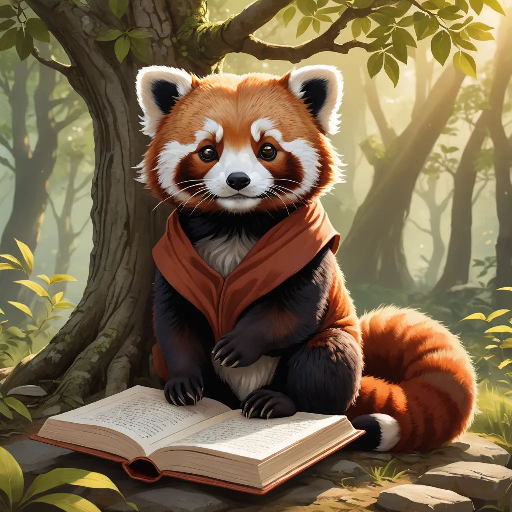 a red panda sitting on a rock reading a book in a forest with a tree and rocks in the background, fantasy art, a storybook illustration, Chris LaBrooy, storybook illustration
