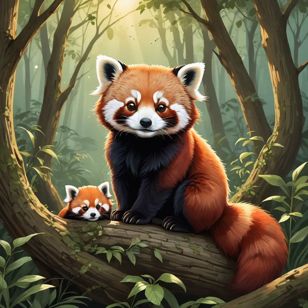 a painting of a red panda and her cubs in a forest setting with sunlight streaming through the trees and leaves, fantasy art, a digital painting, Dan Mumford, professional digital painting