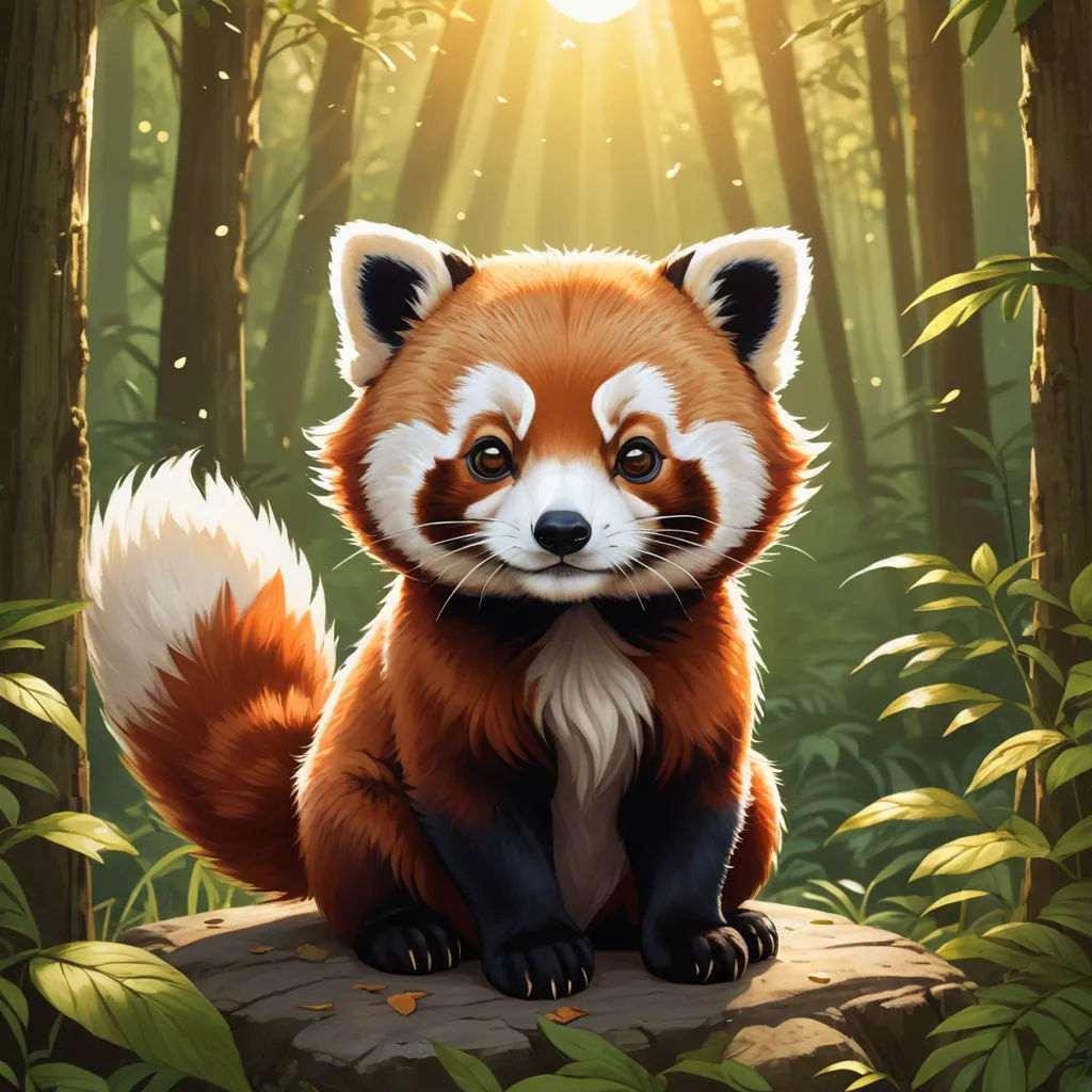 a red panda sitting on a rock in a forest with sunlight coming through the trees and leaves on the ground, sots art, a digital painting, Chris LaBrooy, game art