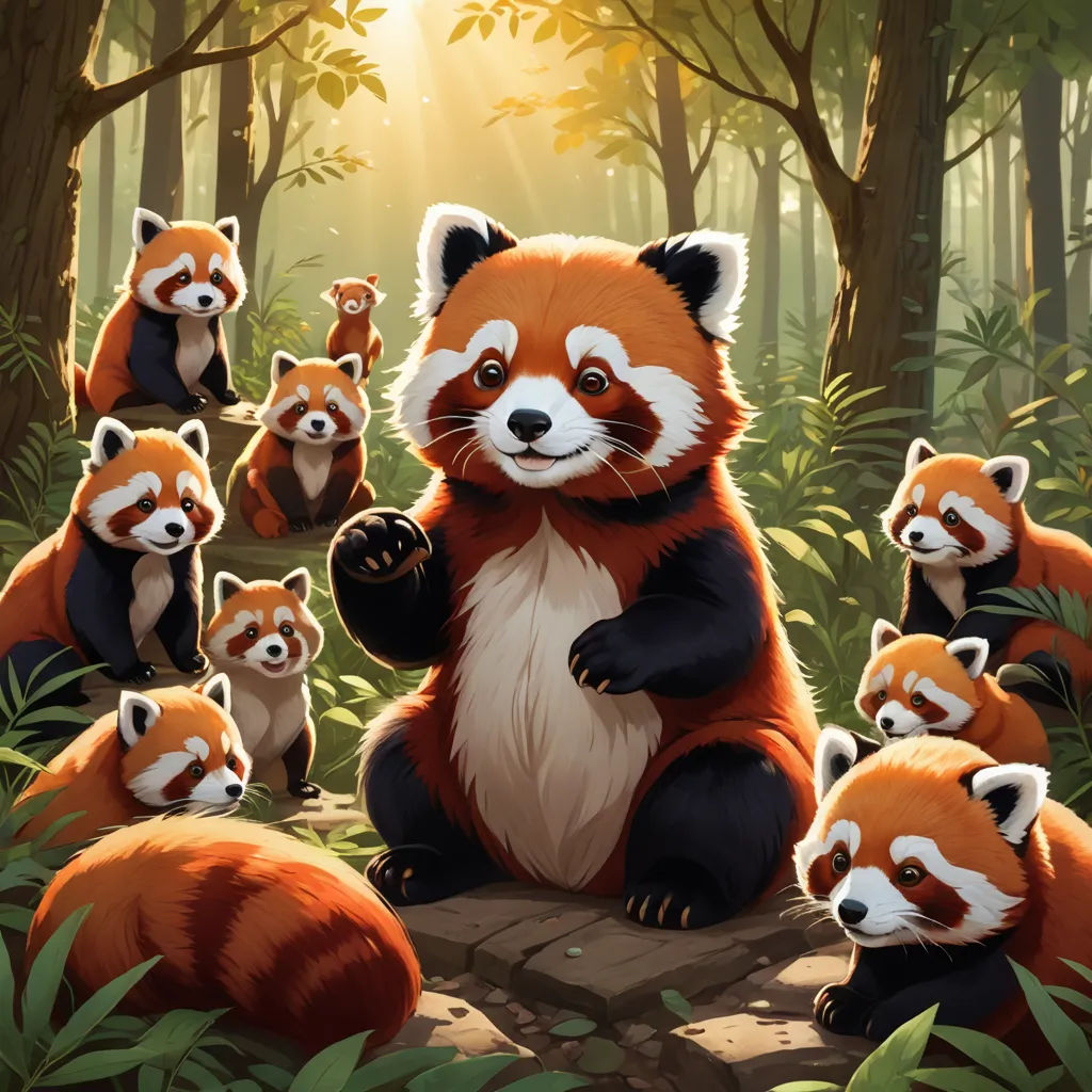 a group of red pandas in a forest with sunlight shining through the trees and leaves on the ground, furry art, a detailed painting, Aaron Jasinski, official art