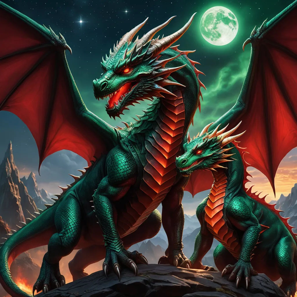 a green dragon sitting on top of a rock next to a full moon sky and a full moon behind it, fantasy art, concept art, Anne Stokes, dragon art