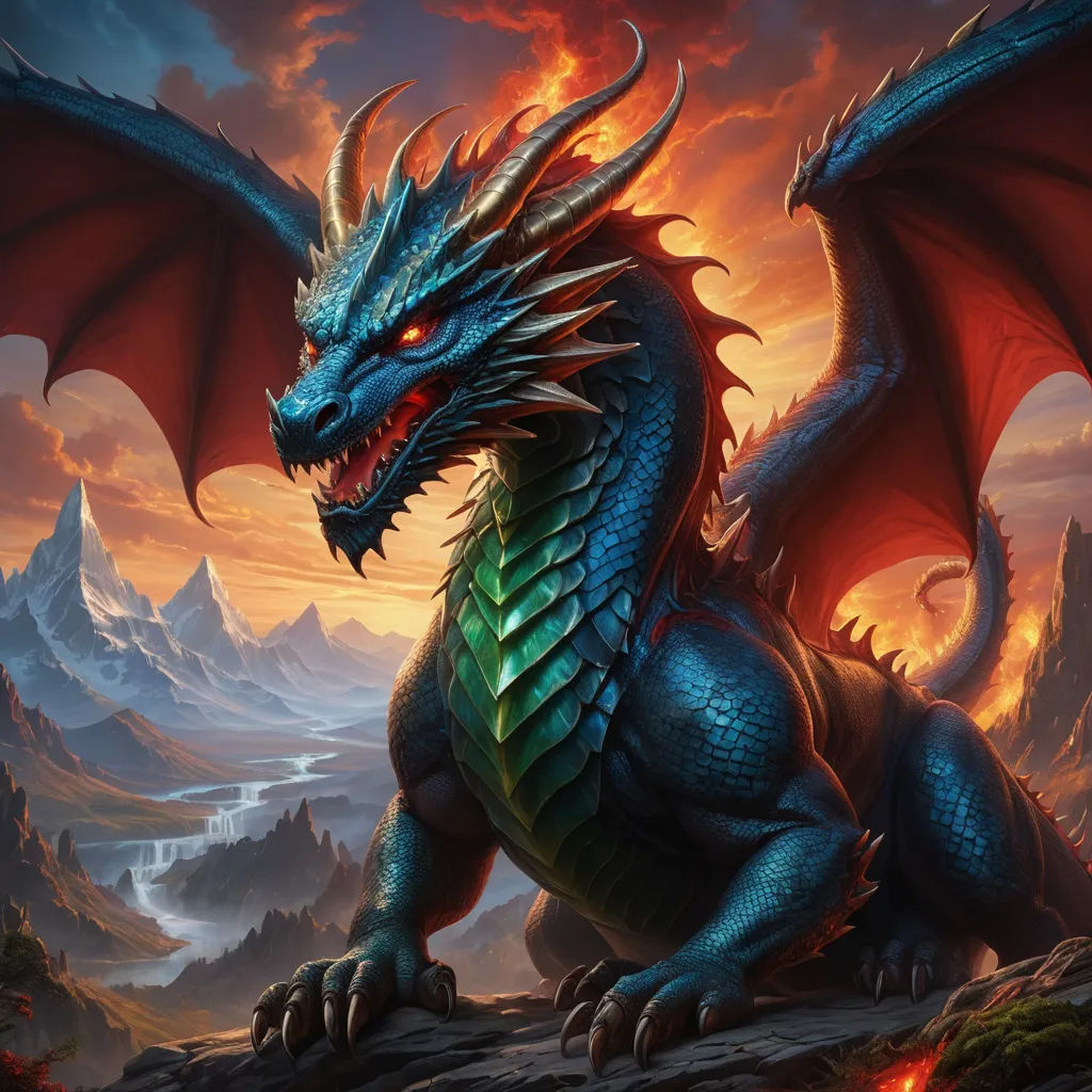 a blue dragon with red eyes sitting on a rock in front of a mountain range with a red sky, fantasy art, an airbrush painting, Anne Stokes, dragon art