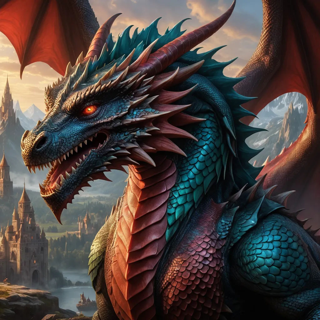 a dragon with red eyes and a castle in the background with a sky background and clouds in the background, fantasy art, a detailed matte painting, Clint Cearley, dragon art