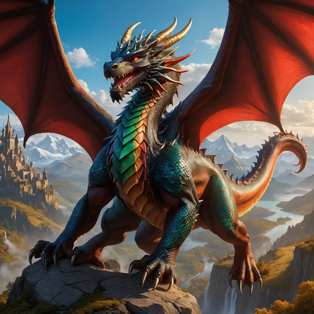 a dragon with a red tail and green wings standing on a rock in front of a mountain landscape with a castle, fantasy art, an ultrafine detailed painting, Clint Cearley, dragon art