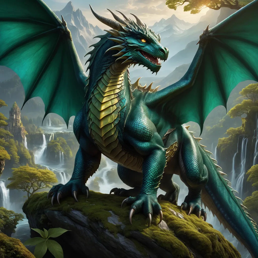 a green dragon sitting on a rock in a forest with waterfalls and trees in the background, with a waterfall in the foreground, fantasy art, concept art, Clint Cearley, dragon art