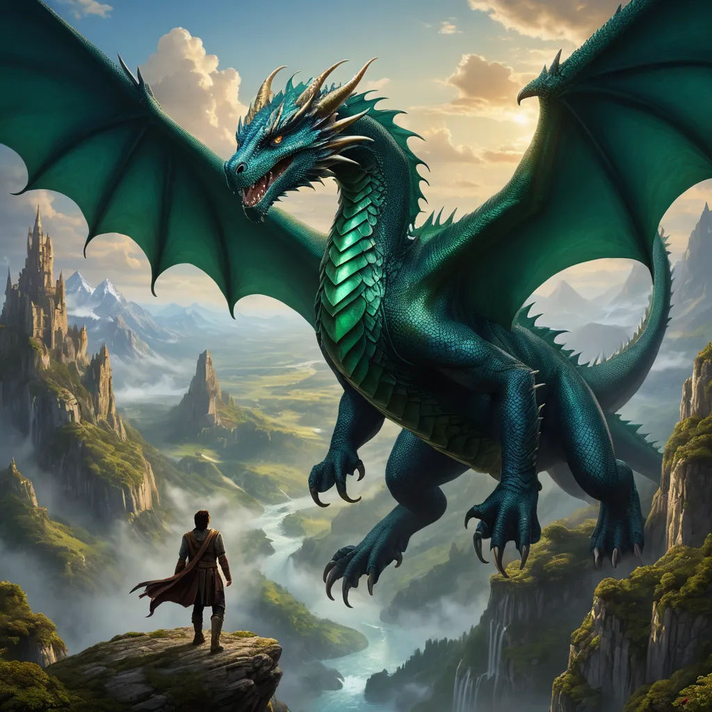 a man standing on a cliff next to a dragon in the mountains with a river below him and a mountain in the background, fantasy art, a storybook illustration, Anne Stokes, dragon art