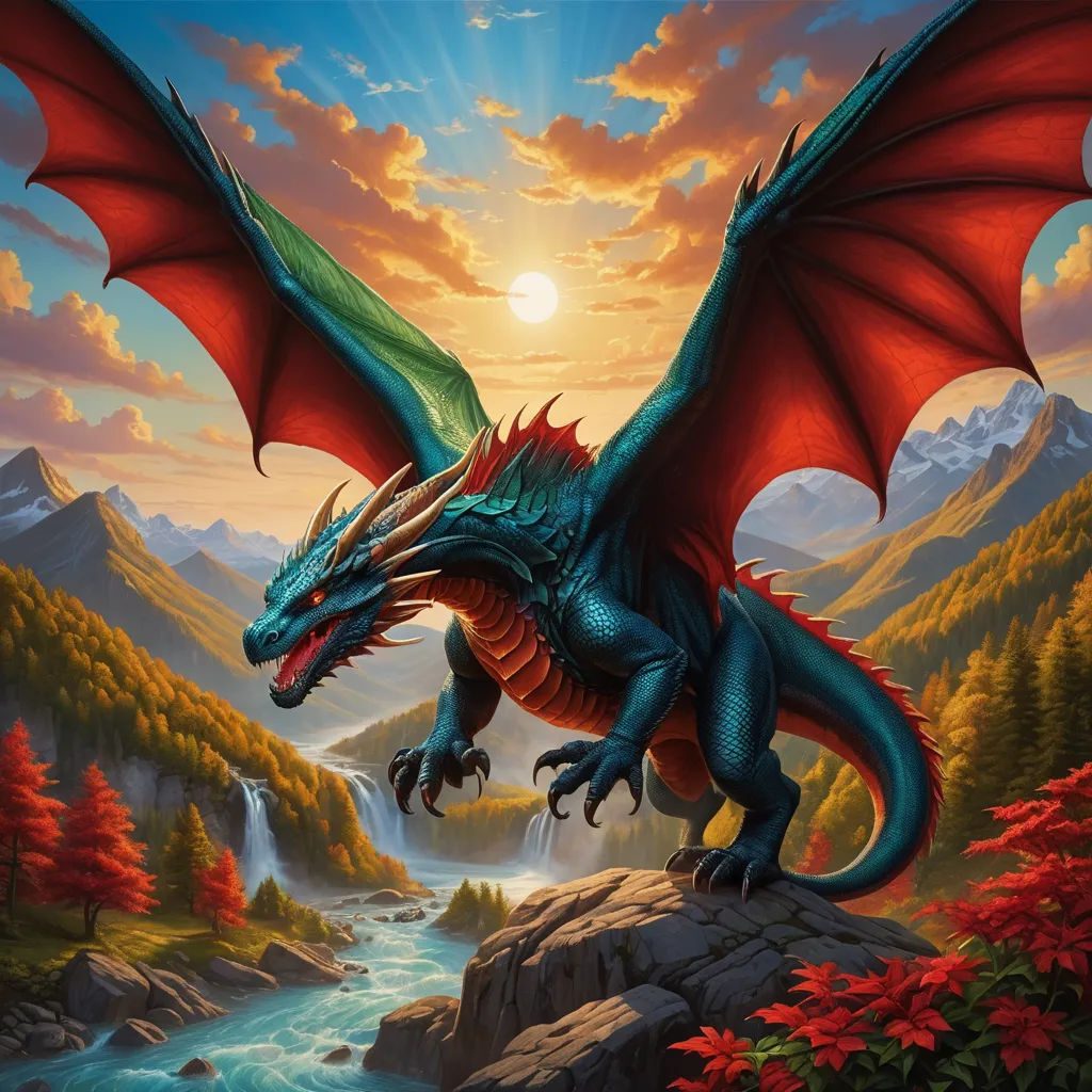 a dragon is standing on a rock in the mountains with a stream below it and a mountain range in the background, fantasy art, an airbrush painting, Anne Stokes, dragon art