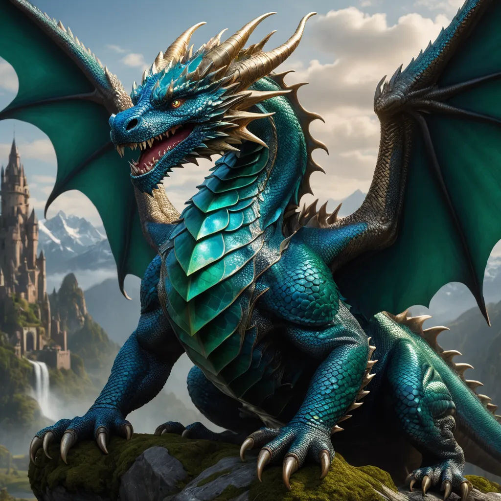 a blue dragon statue sitting on top of a rock next to a castle in the background with a waterfall, fantasy art, a detailed matte painting, Clint Cearley, dragon art