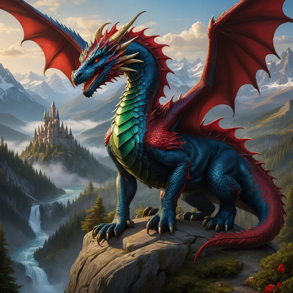 a dragon sitting on a rock in a mountain landscape with a castle in the background and a stream running through it, fantasy art, an airbrush painting, Anne Stokes, dragon art