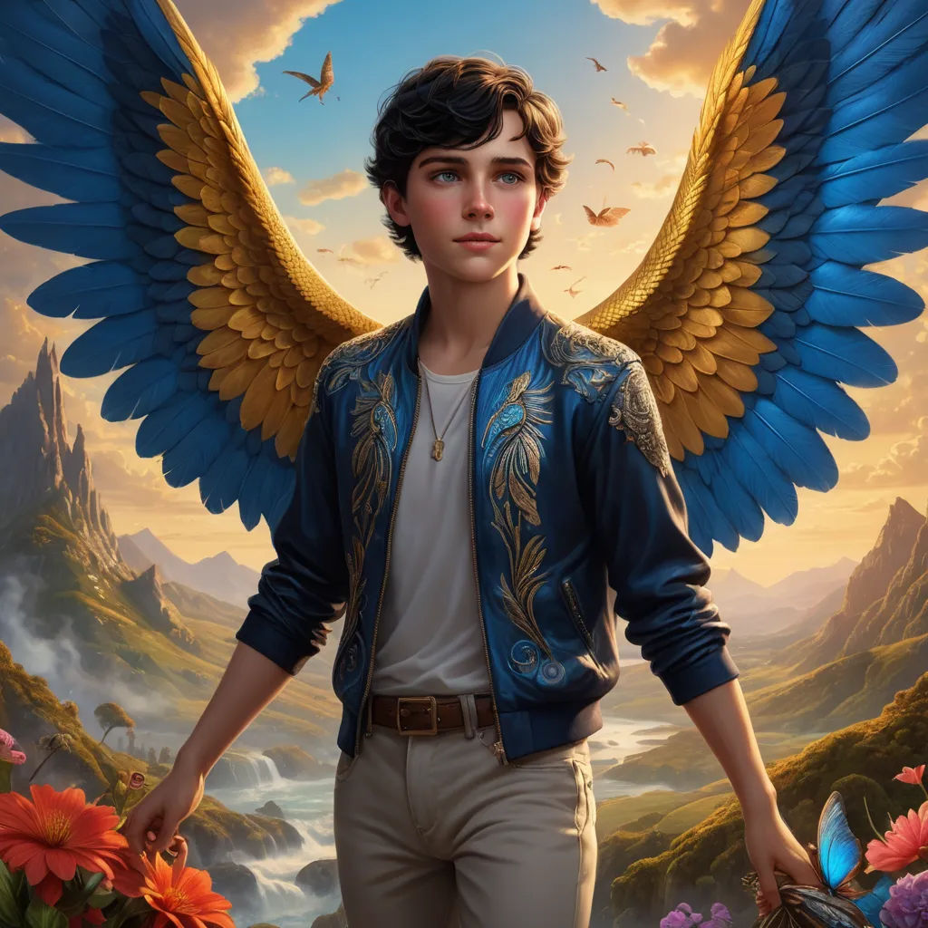 a painting of a boy with a blue jacket and yellow wings standing in front of a mountain landscape with flowers, fantasy art, poster art, Aaron Jasinski, key art