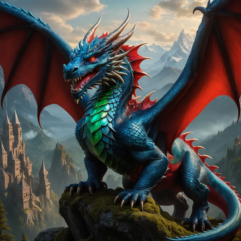 a blue dragon with red wings sitting on a rock in front of a castle and mountains with a mountain range in the background, fantasy art, computer graphics, Anne Stokes, dragon art