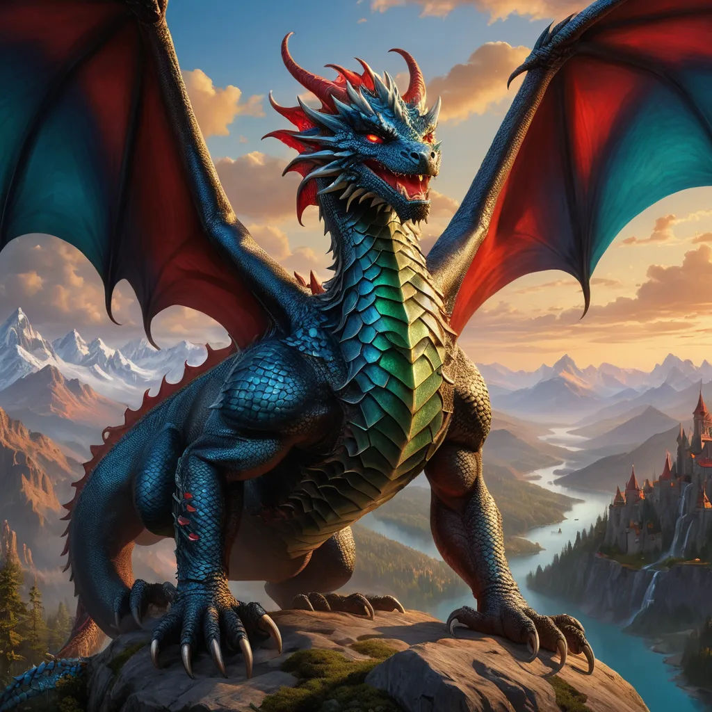 a dragon sitting on a rock in the mountains with a castle in the background and a sunset in the sky, fantasy art, an ultrafine detailed painting, Clint Cearley, dragon art