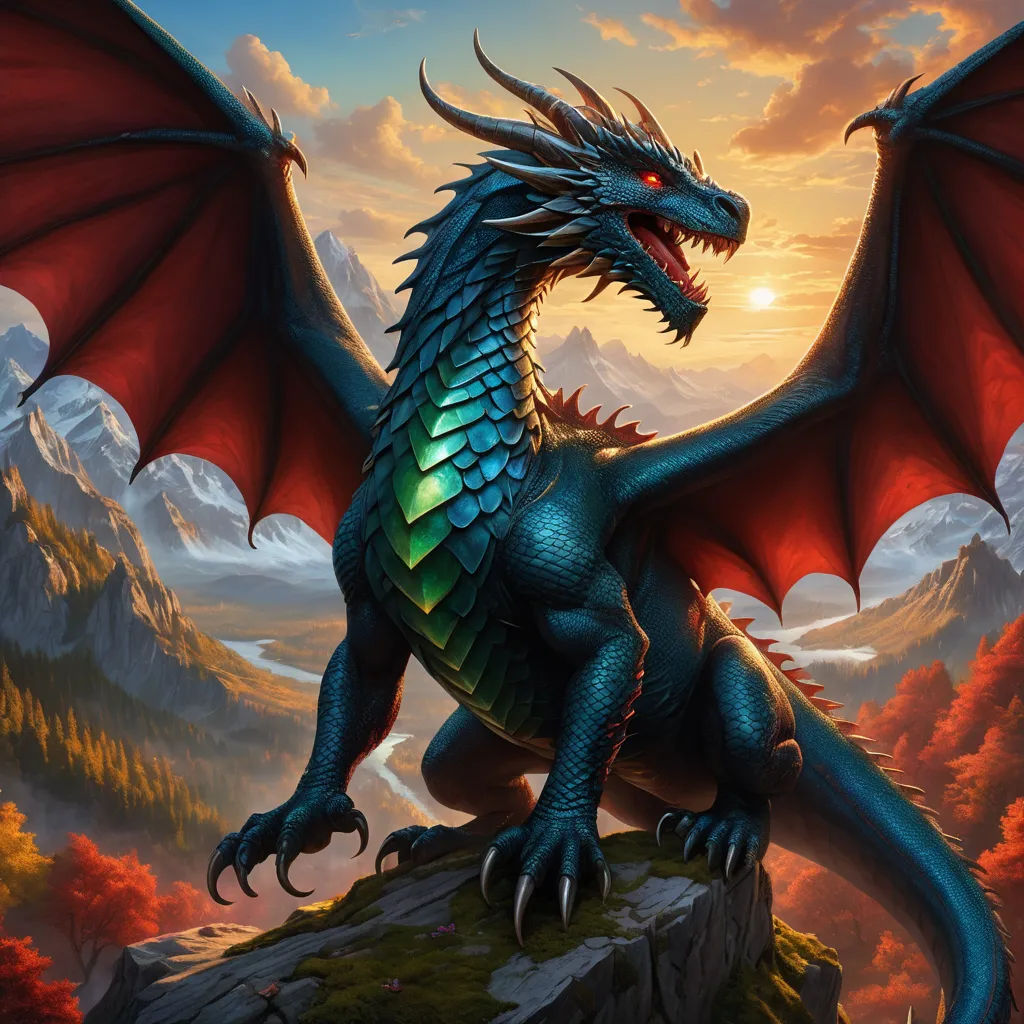 a blue dragon with red wings sitting on a rock in the mountains at sunset with a mountain range in the background, fantasy art, an airbrush painting, Anne Stokes, dragon art