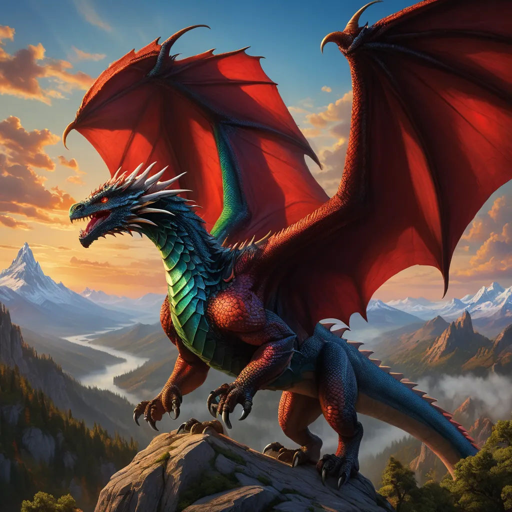 a red dragon with wings spread standing on a rock in the mountains with a mountain range in the background, fantasy art, an airbrush painting, Anne Stokes, dragon art