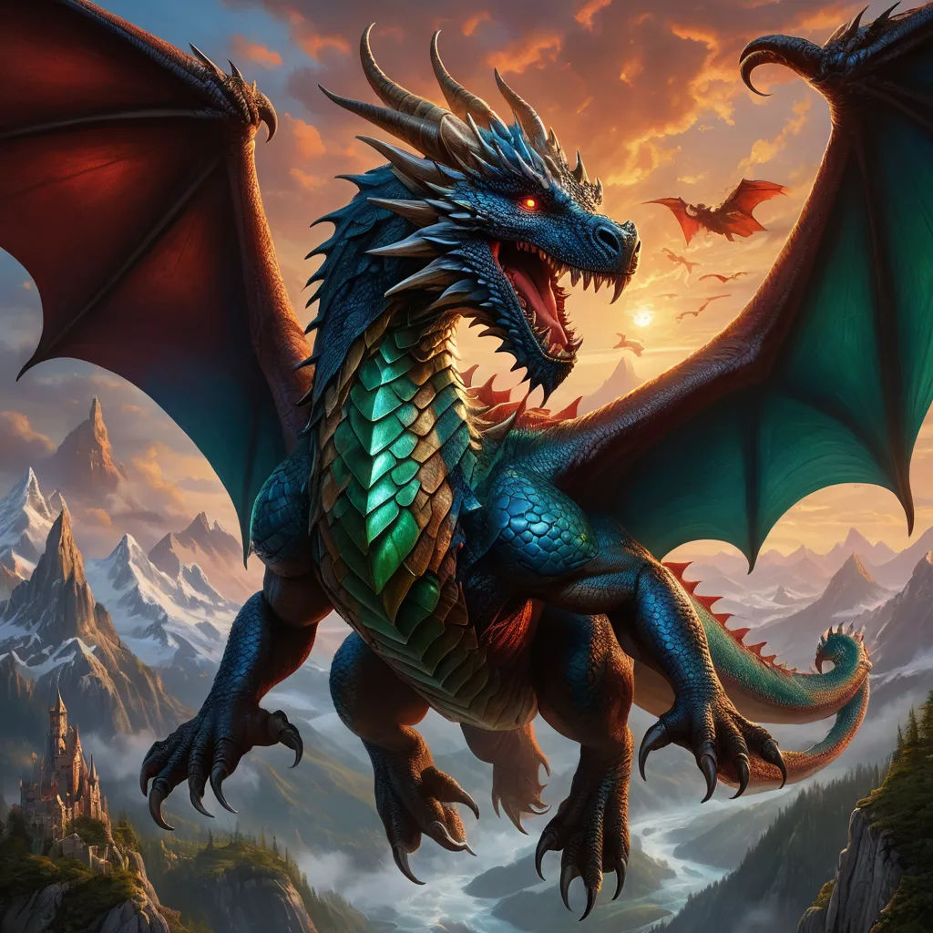 a dragon with a green and red tail and wings is flying over a mountain range at sunset with a mountain range in the background, fantasy art, an airbrush painting, Anne Stokes, dragon art