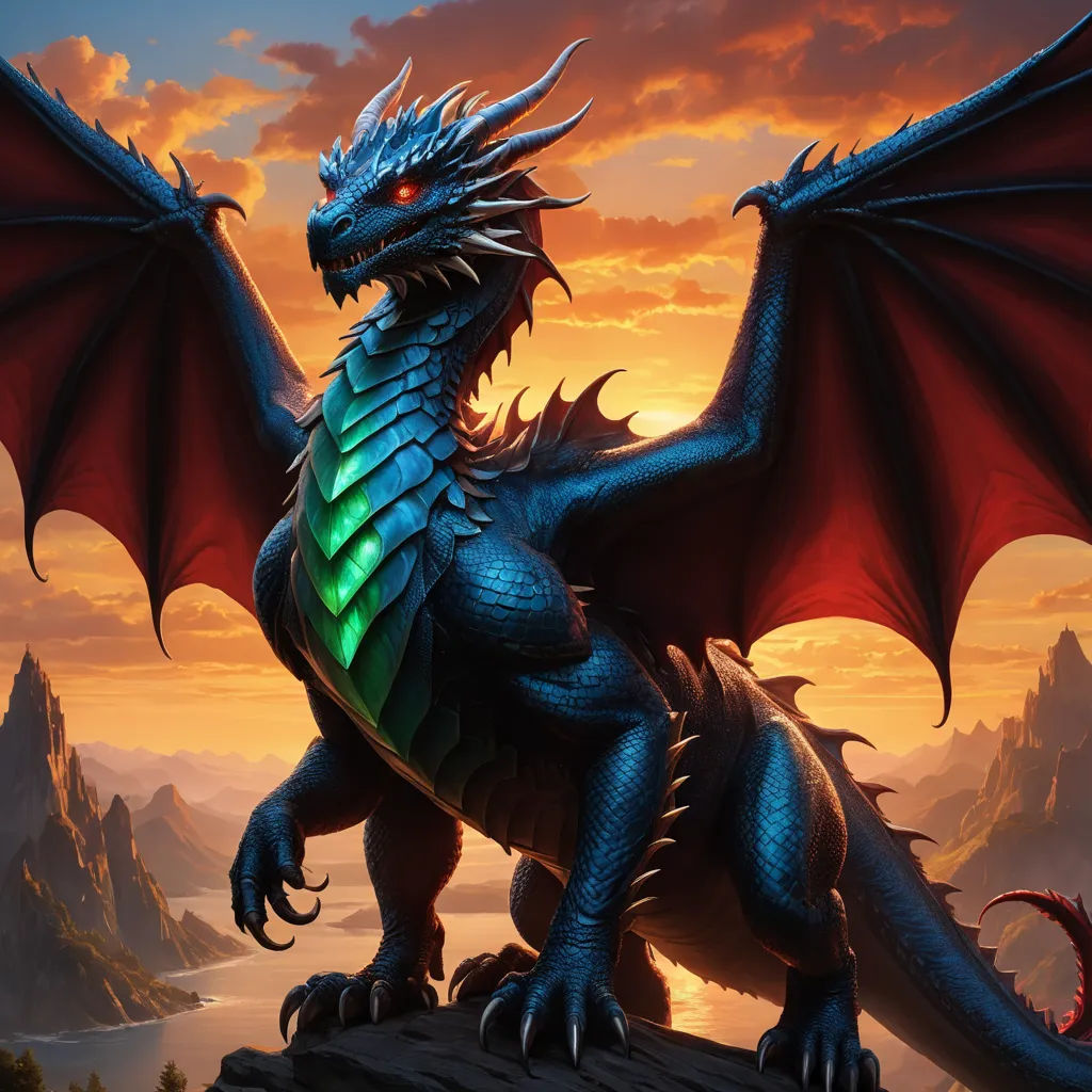 a dragon with a green and red tail on a rock in front of a sunset sky with mountains and rocks, fantasy art, an airbrush painting, Anne Stokes, dragon art