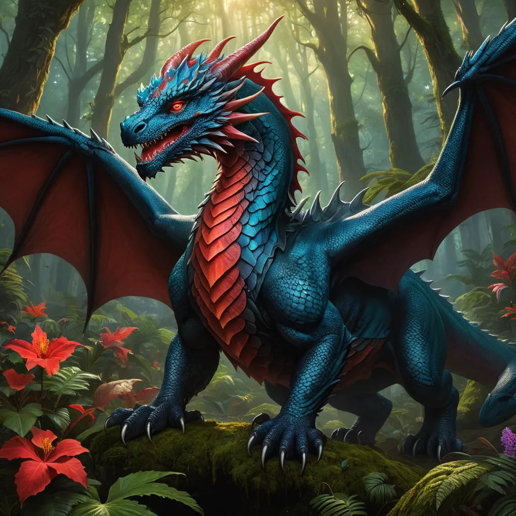 a blue dragon with red wings standing in a forest with flowers and trees in the background, with a sunbeam, fantasy art, concept art, Anne Stokes, dragon art