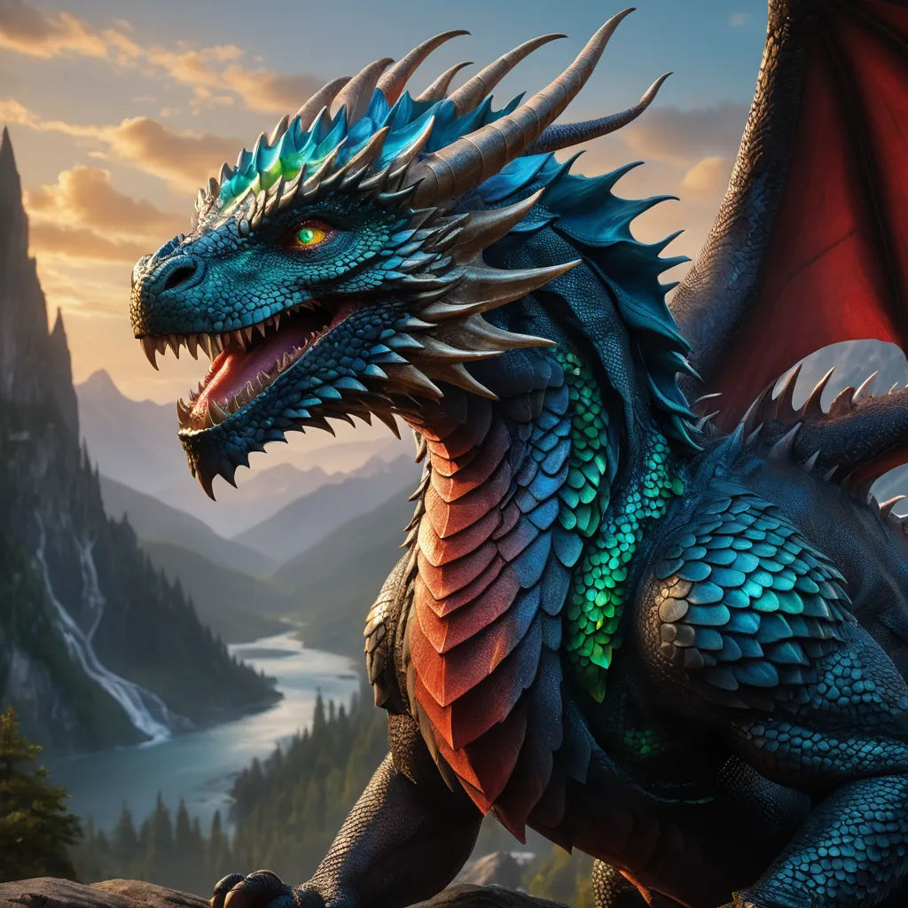 a dragon with green and red wings sitting on a rock in front of a mountain range with a lake and a mountain in the background, fantasy art, an airbrush painting, Clint Cearley, dragon art