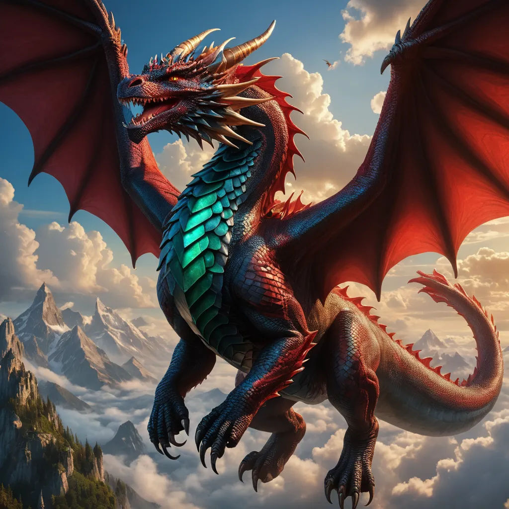 a dragon with green eyes and wings flying through the sky above clouds and mountains, with a mountain in the background, fantasy art, an airbrush painting, Anne Stokes, dragon art