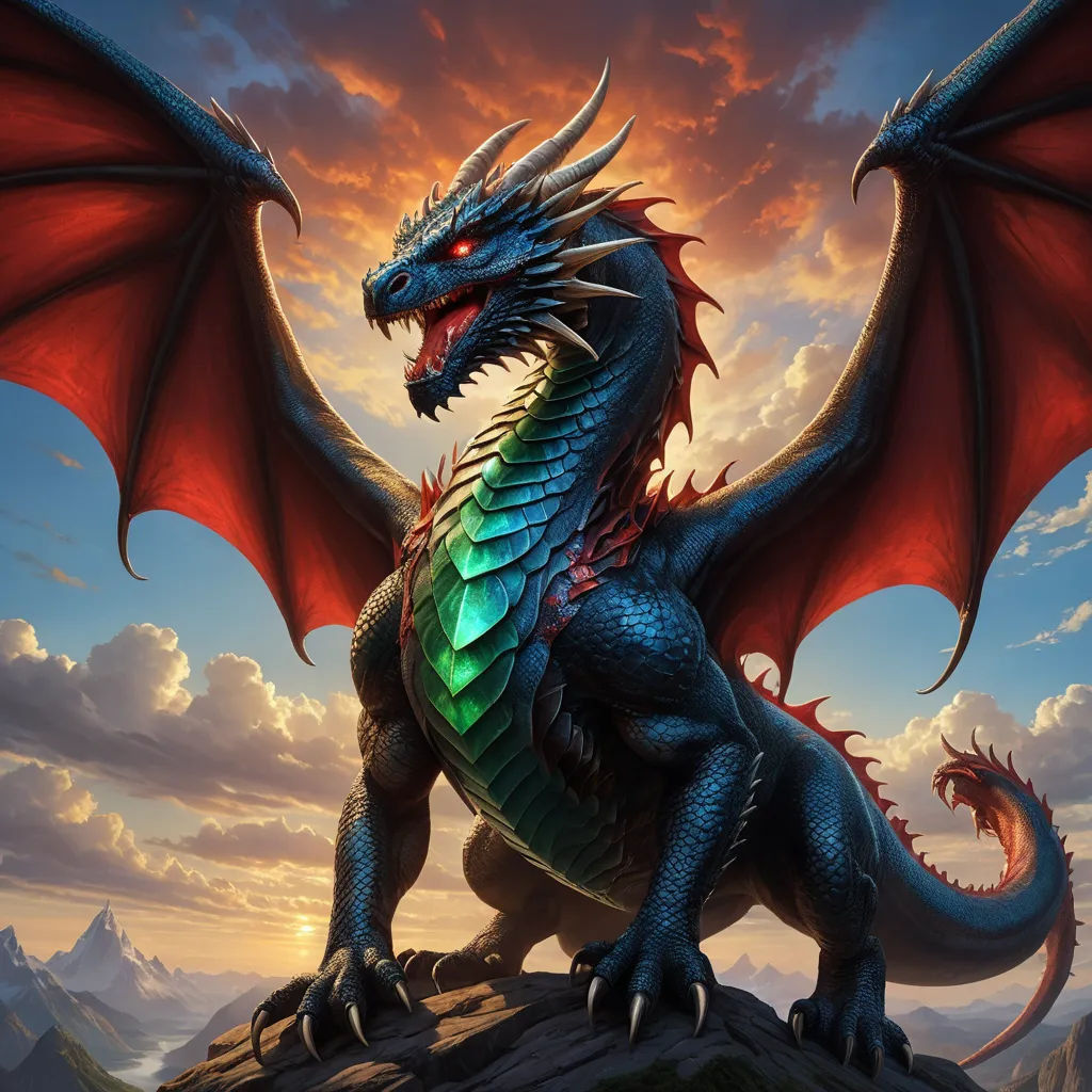 a dragon sitting on top of a rock in the sunset with a sky background and clouds in the background, fantasy art, concept art, Anne Stokes, dragon art