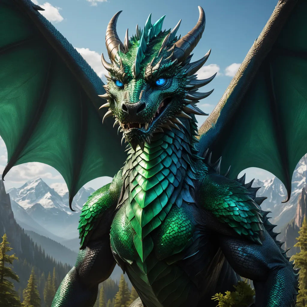a green dragon with blue eyes standing in front of a mountain range with trees and snow capped mountains in the background, furry art, concept art, Adam Rex, dragon art