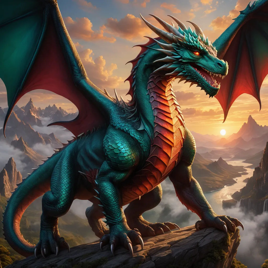a dragon is sitting on a rock in the mountains at sunset with a mountain range in the background and clouds in the sky, fantasy art, an airbrush painting, Clint Cearley, dragon art