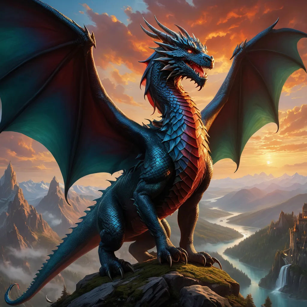 a dragon sitting on a rock in the mountains at sunset with a mountain range in the background and a castle in the distance, fantasy art, an ultrafine detailed painting, Anne Stokes, dragon art