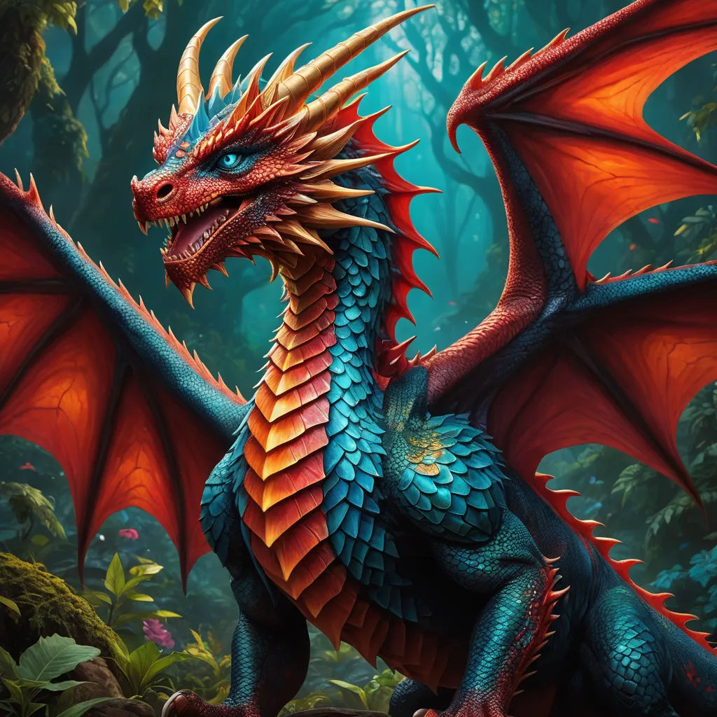 a dragon with orange wings and blue eyes is in the woods with green plants and trees around it, with a blue and orange dragon on the front, fantasy art, concept art, Clint Cearley, magic the gathering artwork