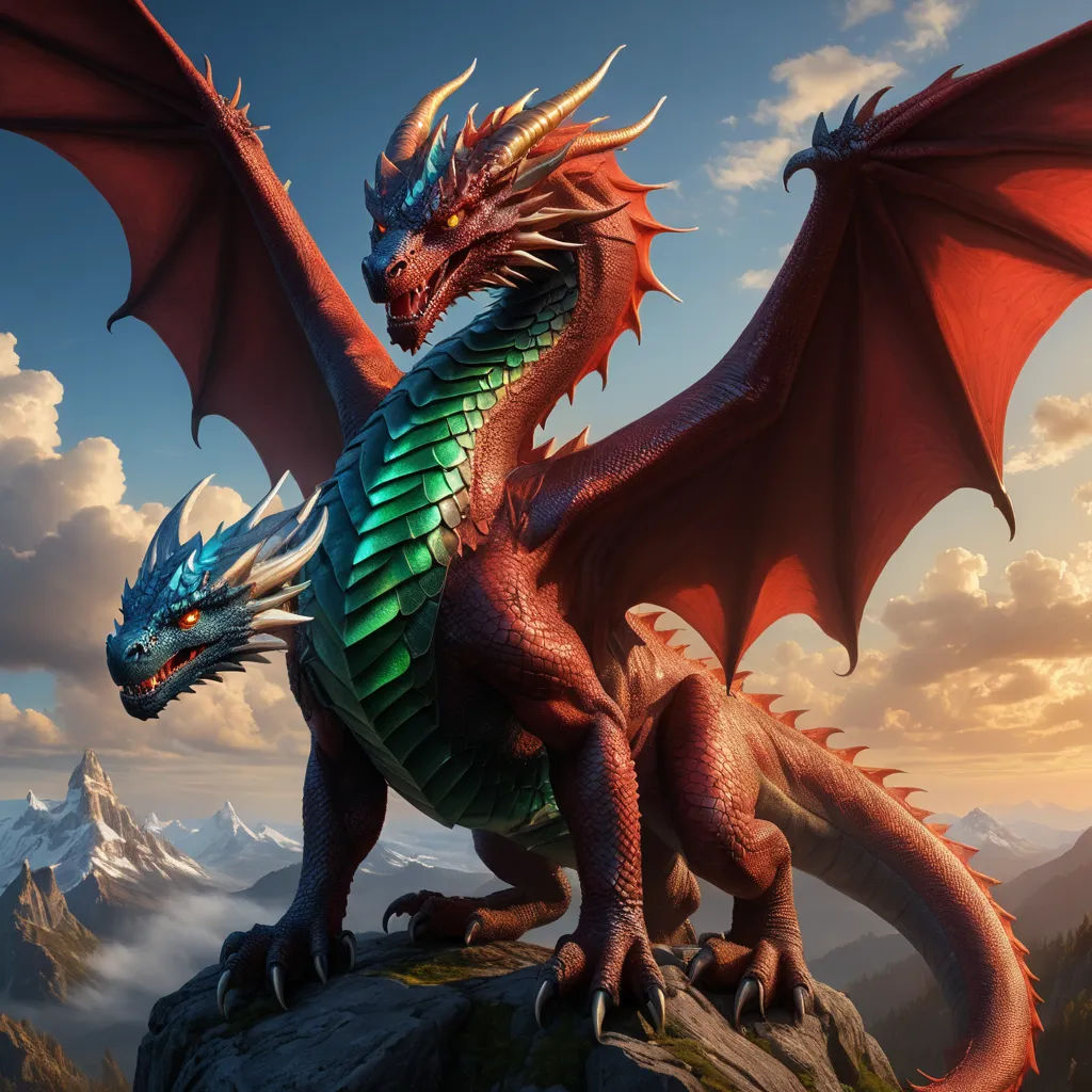 a dragon sitting on a rock with mountains in the background and clouds in the sky above it, with a mountain in the background, fantasy art, concept art, Clint Cearley, dragon art