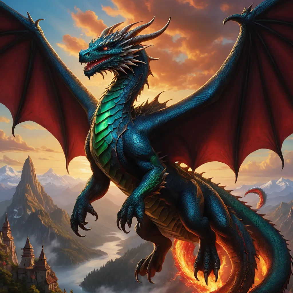 a blue dragon with red wings flying over a mountain range at sunset with a castle in the background and a mountain range in the foreground, fantasy art, an airbrush painting, Anne Stokes, dragon art