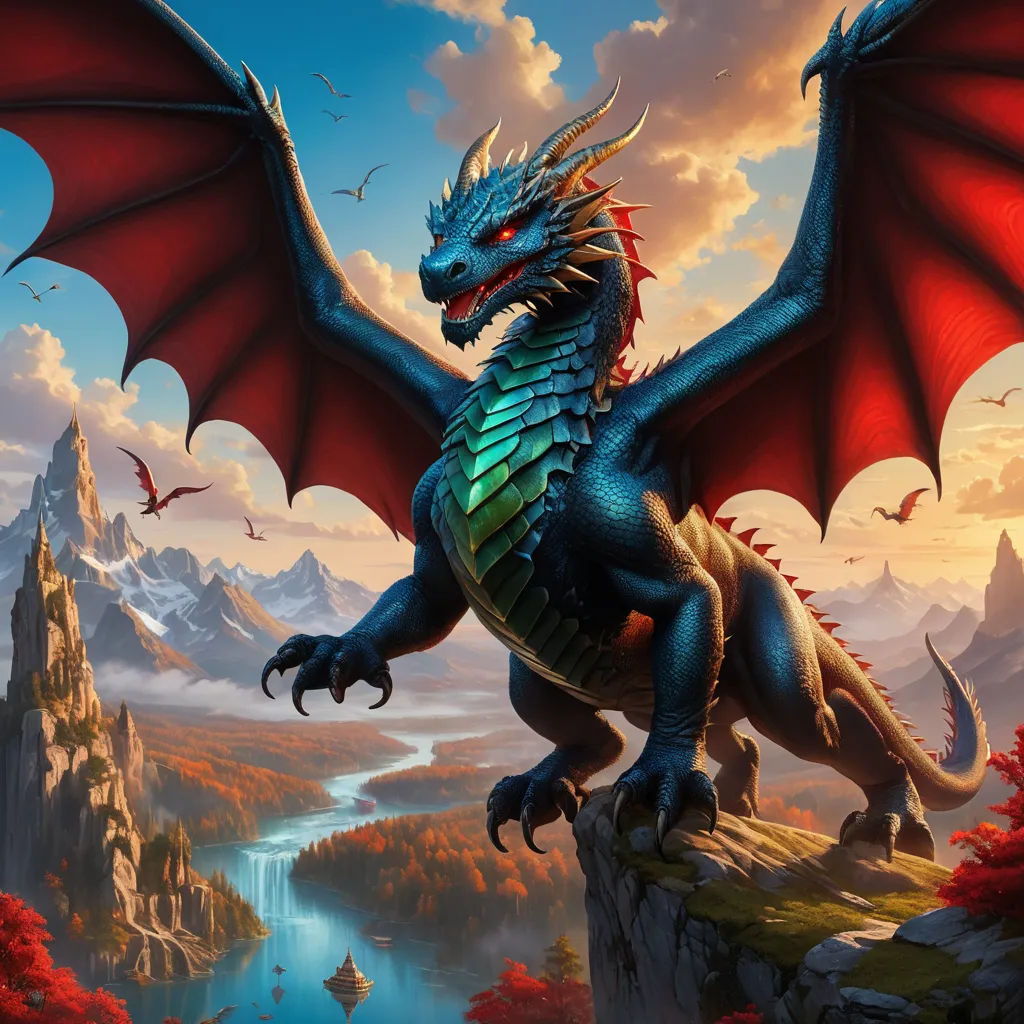 a dragon with red wings standing on a cliff with a river and mountains in the background and a mountain range in the foreground, fantasy art, an airbrush painting, Anne Stokes, dragon art