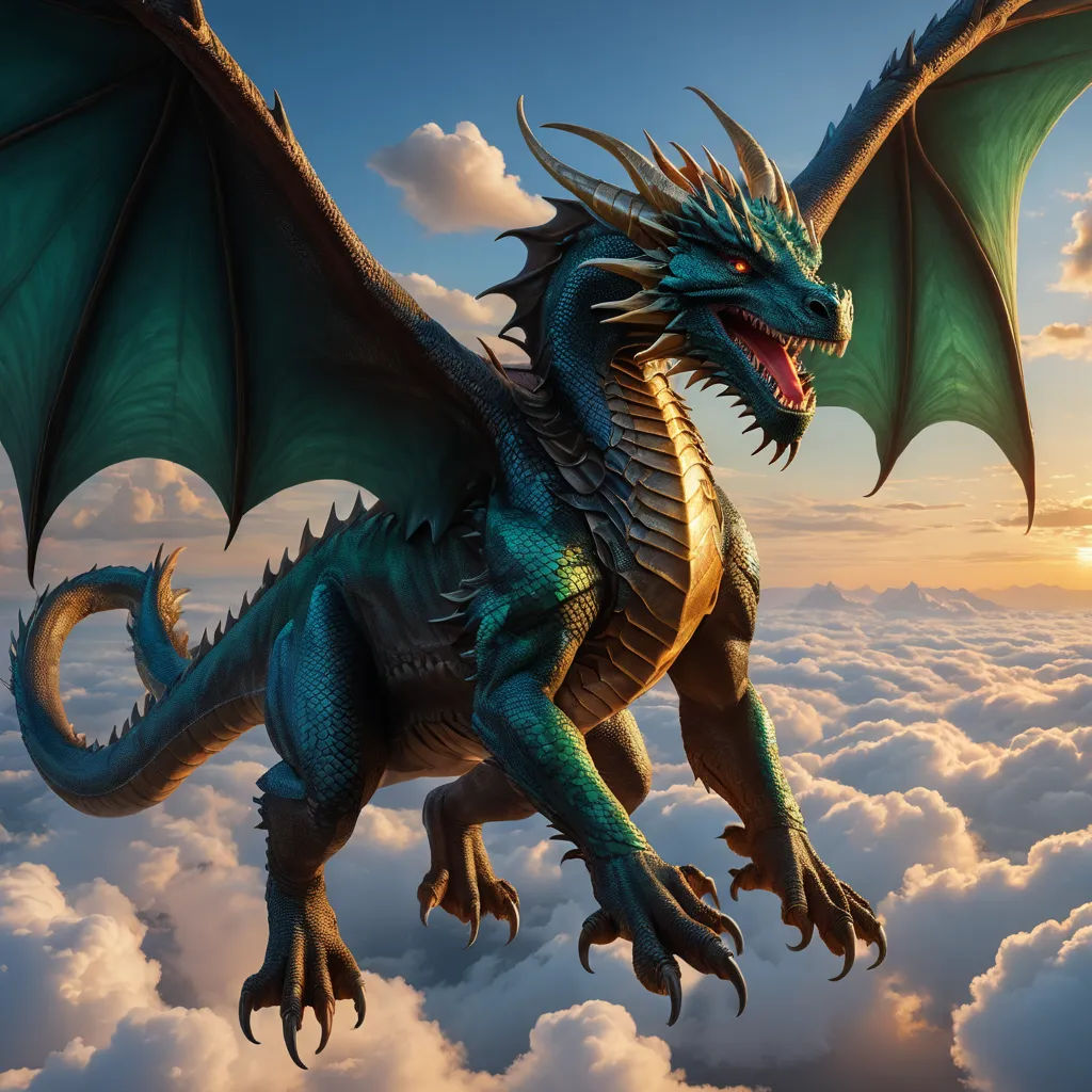 a dragon flying above the clouds in the sky with a sun in the background and clouds below it,, fantasy art, a 3D render, Anne Stokes, dragon art