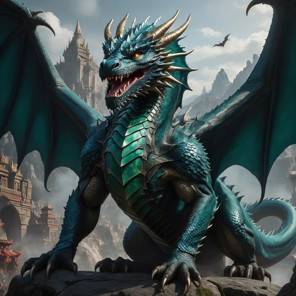 a green dragon with large wings standing on a rock in front of a castle with bats flying overhead and a bird flying overhead, fantasy art, concept art, Clint Cearley, dragon art