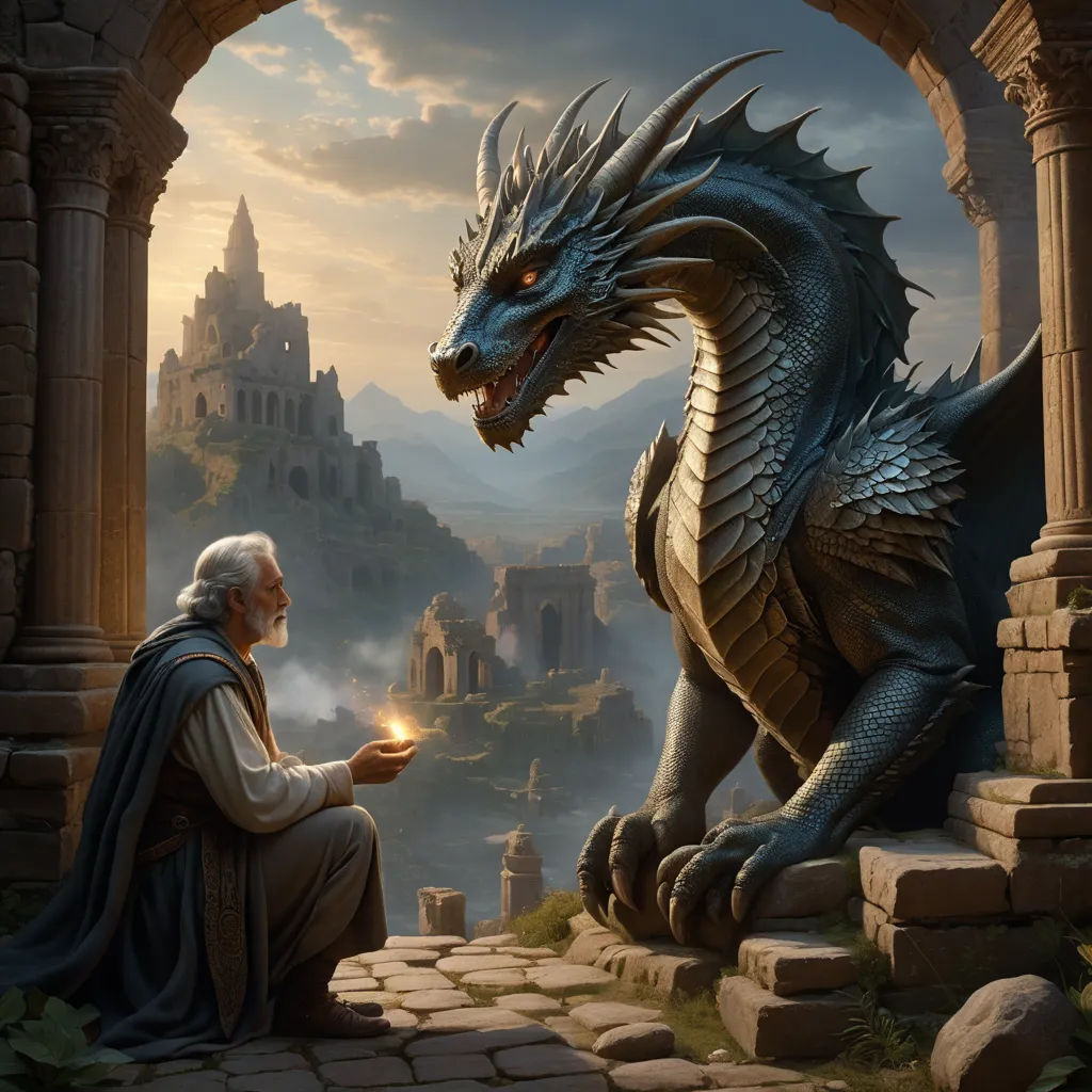 a man sitting next to a dragon statue on a stone platform with a castle in the background and a sky filled with clouds, fantasy art, a storybook illustration, Christophe Vacher, dragon art