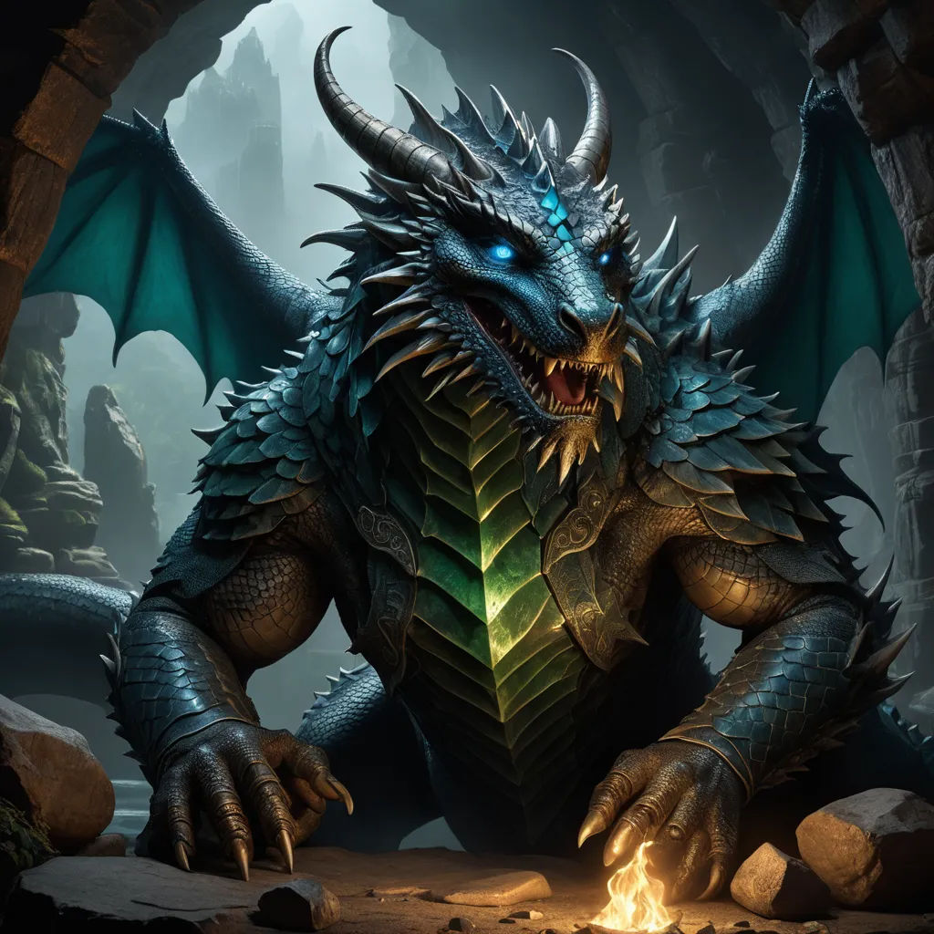 a dragon with a glowing green face and blue eyes sitting in a cave with a fire in its mouth, fantasy art, concept art, Clint Cearley, dragon art
